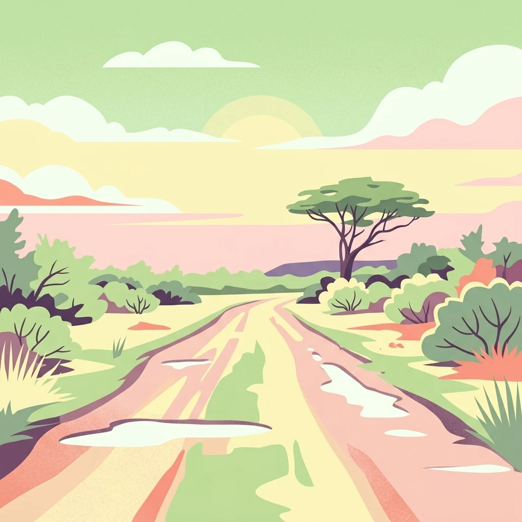 Una ilustración de un camino de tierra serpenteando por un paisaje de sabana con arbustos bajos y una acacia de copa plana bajo un cielo al atardecer.