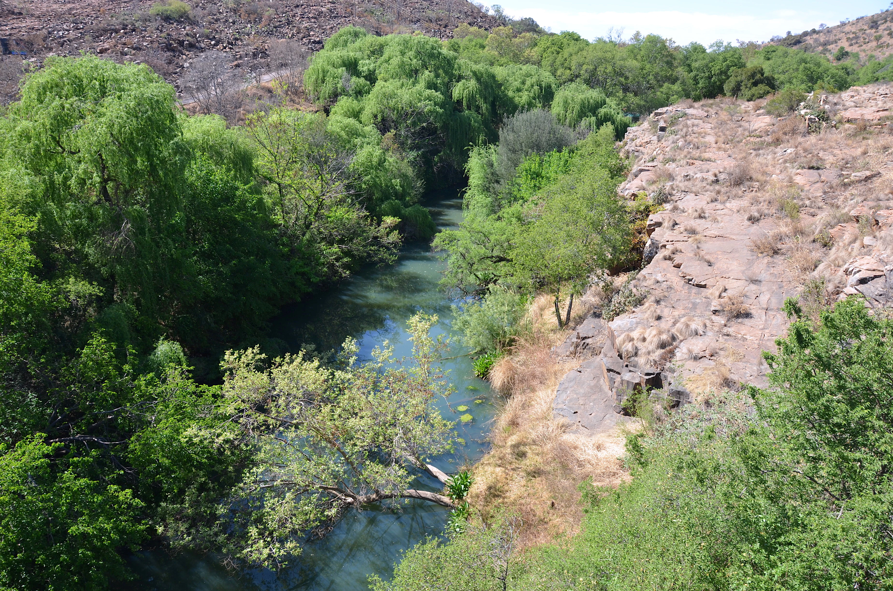 A narrow, winding river flowing through a deep valley, surrounded by dense green trees on one bank and a dry, rocky hillside on the other.