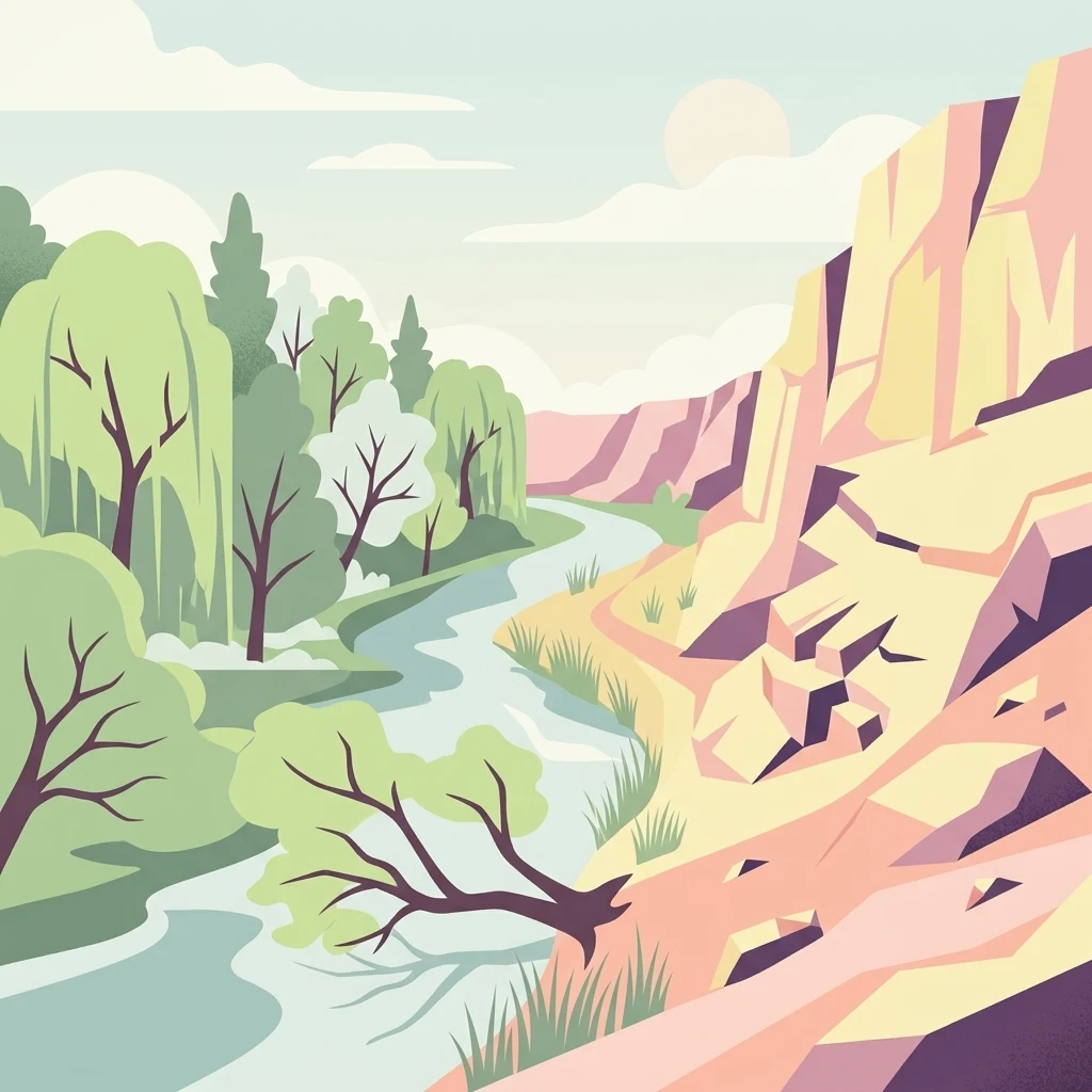 Digital illustration of a river bending through a landscape with dense green trees on the left and pale pink, rocky cliffs on the right under a soft, light-colored sky.