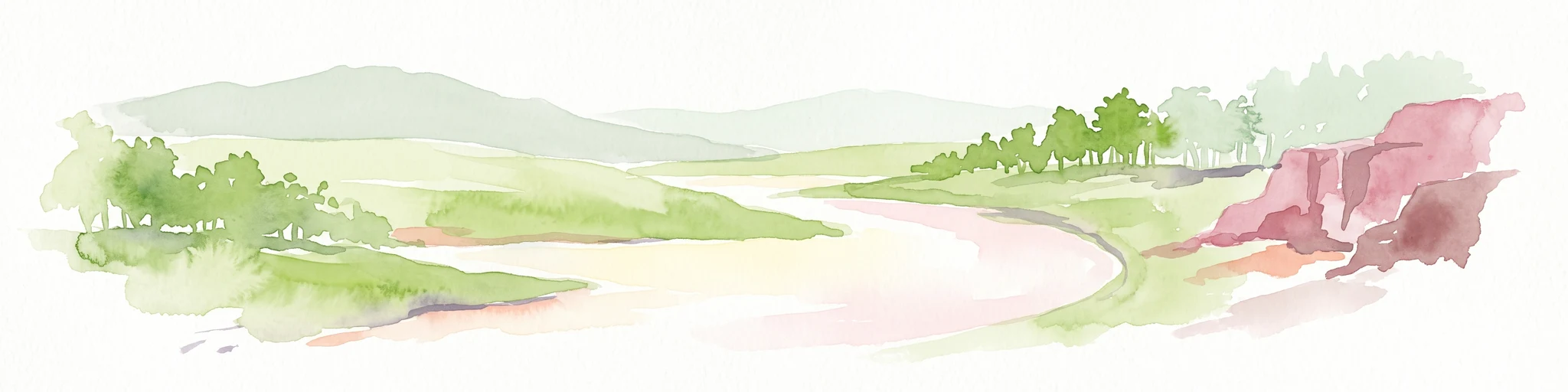 Watercolor painting of a river flowing through a hilly, green valley with rocky cliffs on the right.