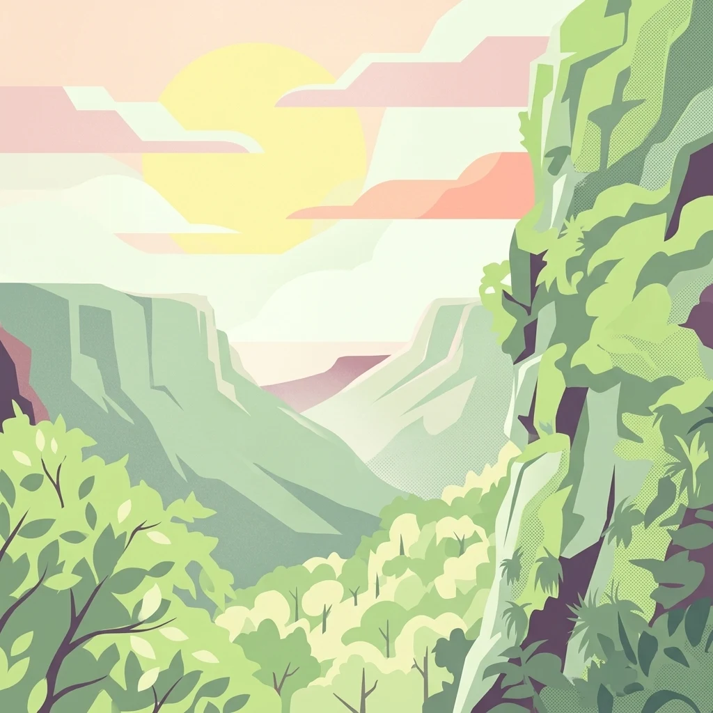 A graphic illustration showing a mountain range with rocky cliffs, lush green vegetation, and a soft sunset in the background.