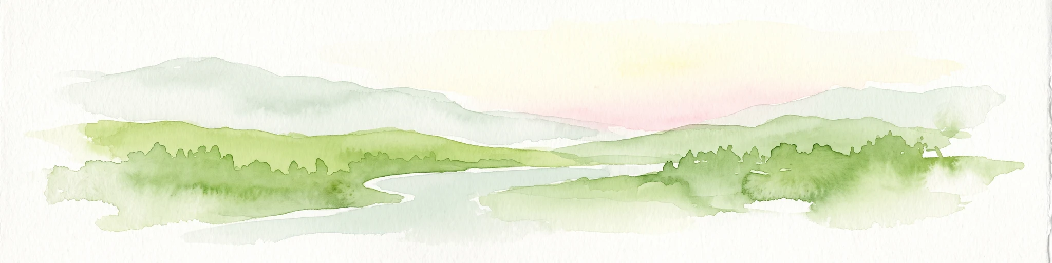 A watercolor illustration of rolling green hills, distant mountains, and a pale sky.