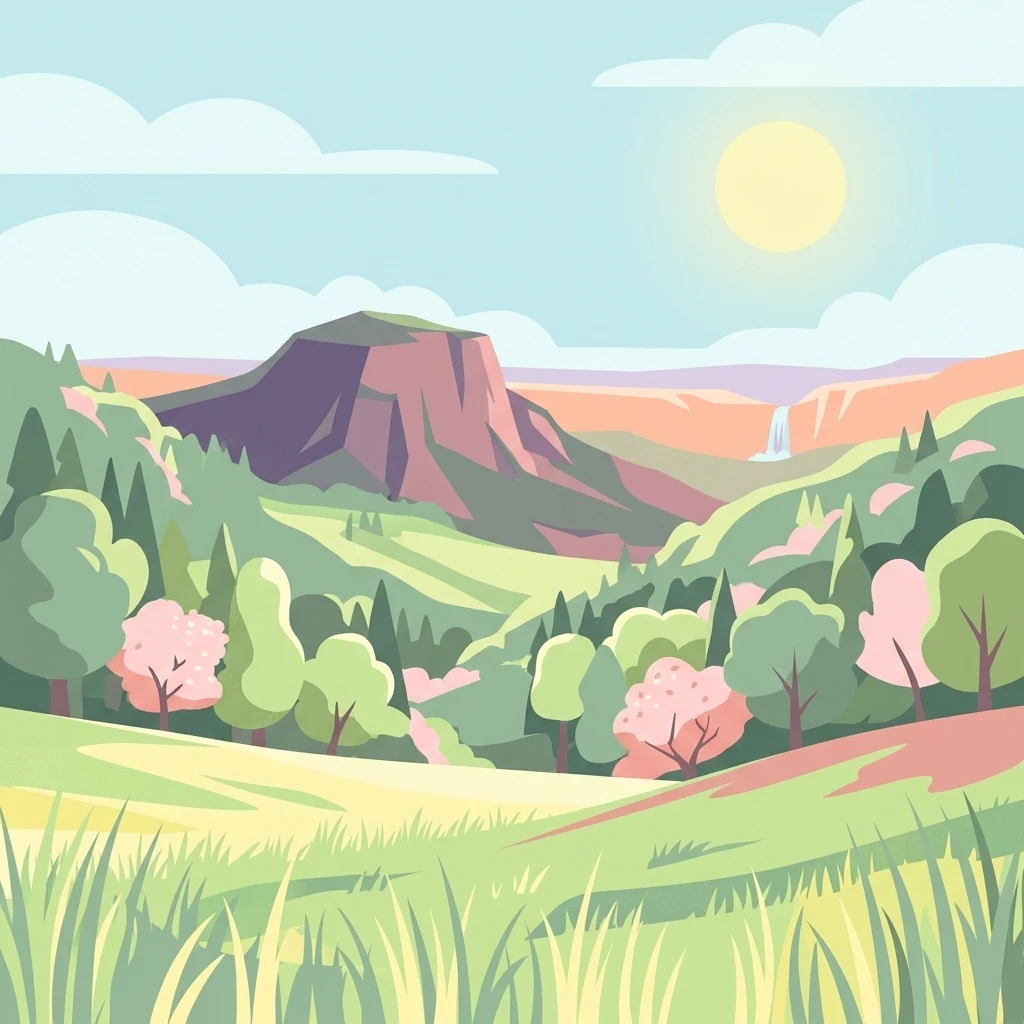 Una ilustración digital que representa un paisaje soleado con un primer plano de hierba, colinas verdes onduladas, un prominente pico montañoso rocoso en la distancia y una pequeña cascada que fluye desde un acantilado bajo un cielo despejado.