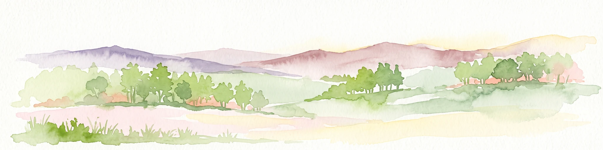 A watercolor painting of a pastoral landscape with soft green meadows, scattered trees, and distant purplish hills under a white sky.