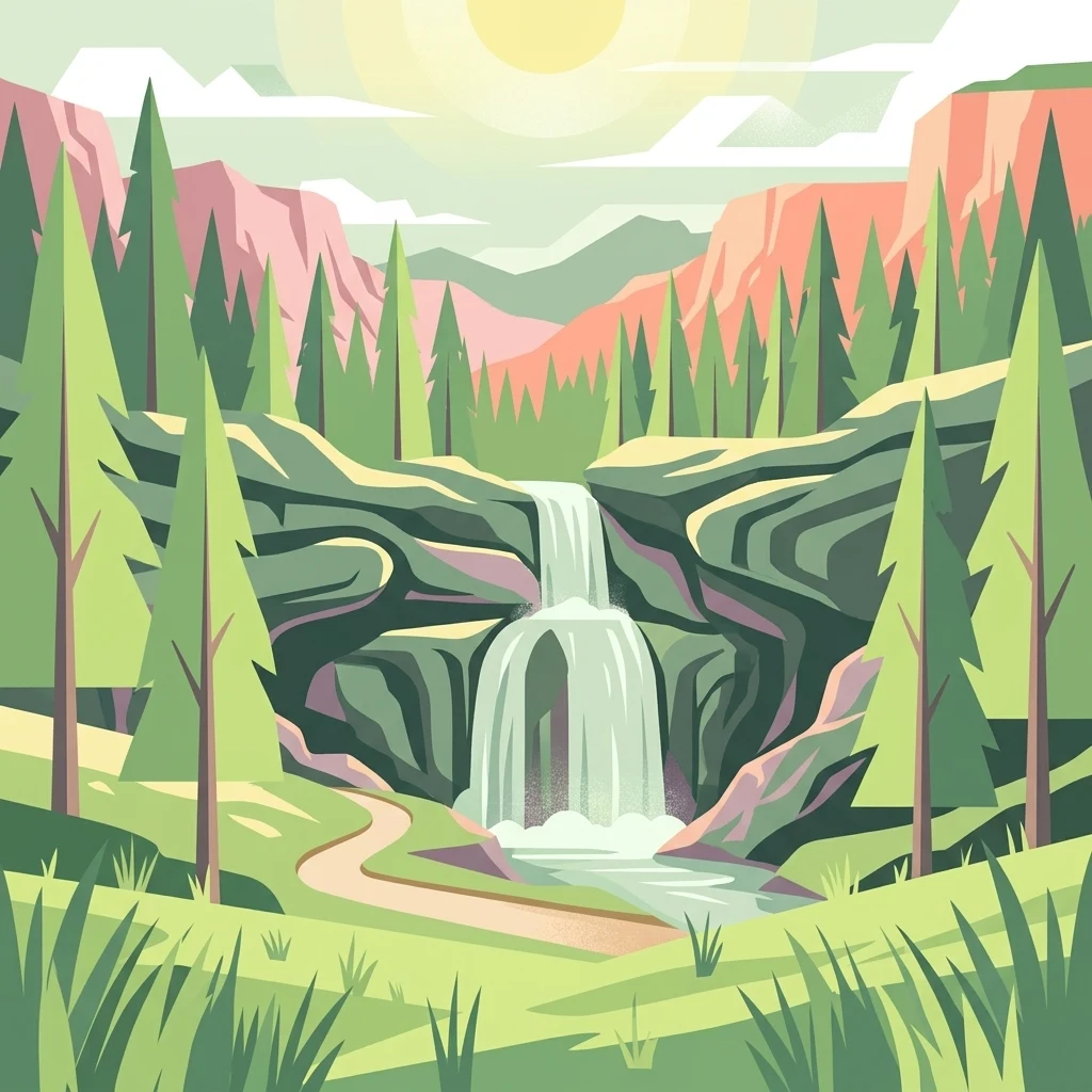 Una ilustración digital colorida de una cascada que cae por acantilados rocosos, rodeada de un bosque de coníferas, colinas verdes onduladas y un pequeño sendero de tierra en primer plano bajo un cielo brillante.