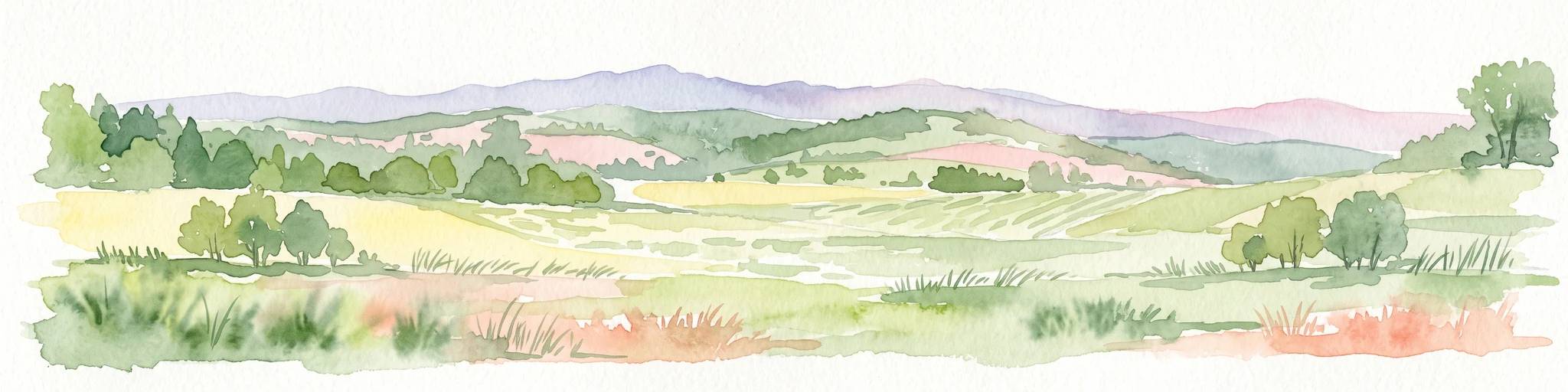 A horizontal watercolor painting depicting a soft, rolling landscape with green fields, patches of trees, and distant lavender-toned mountains under a pale sky.