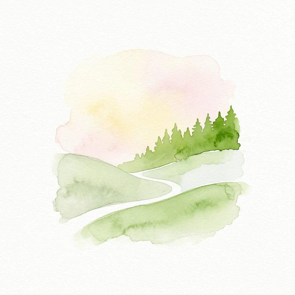 Watercolor illustration of rolling green hills with a winding path leading to a forest of pine trees under a pastel sky