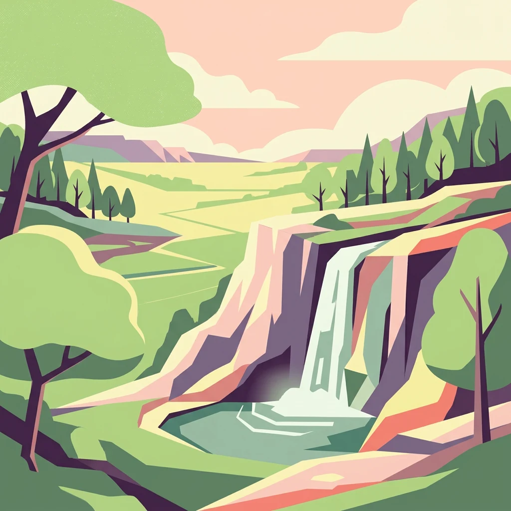 Ilustración estilizada de una cascada rodeada de árboles verdes y acantilados rocosos con un valle al fondo