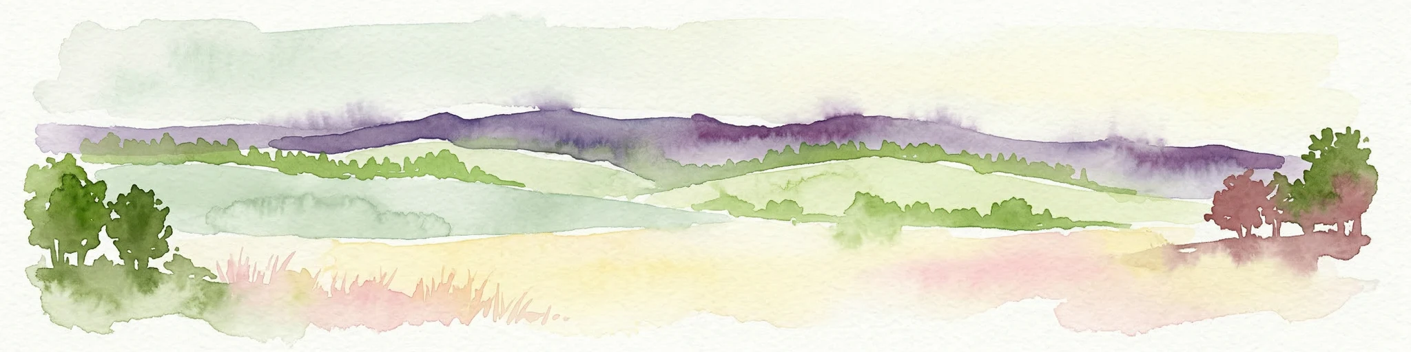 Ilustración de acuarela que muestra un paisaje con colinas onduladas, árboles verdes y montañas distantes bajo un cielo claro