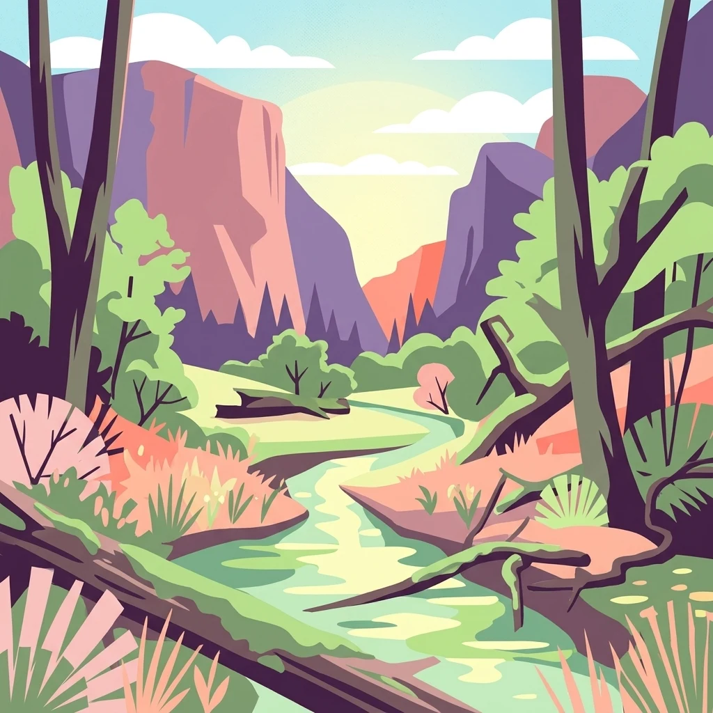 Digital illustration of a lush valley with a winding stream, framed by silhouetted trees in the foreground and steep cliffs under a sunrise sky.