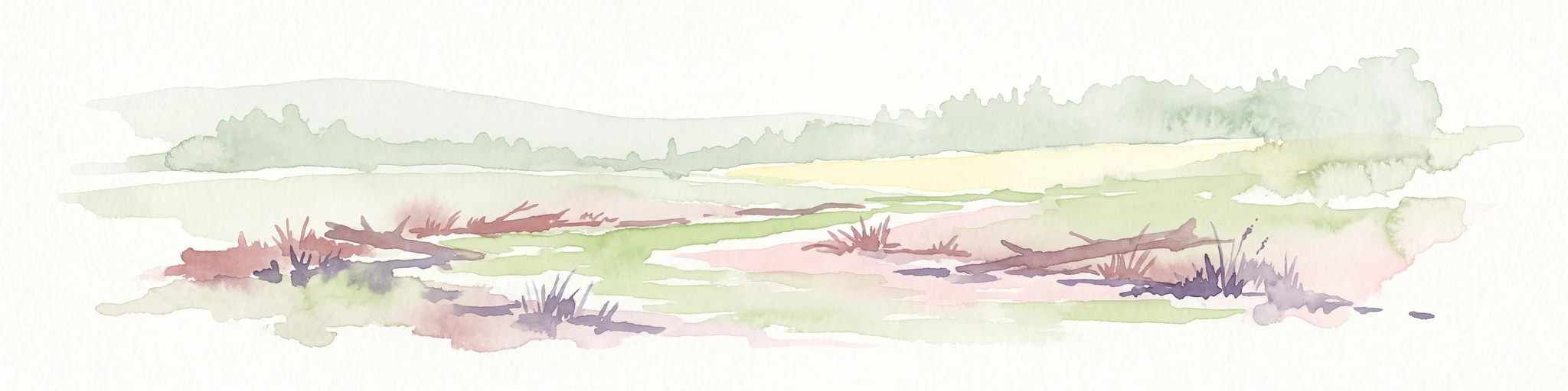 A watercolor painting showing a soft landscape scene with a winding stream, low-lying vegetation, and distant hills in pale green and earth tones.