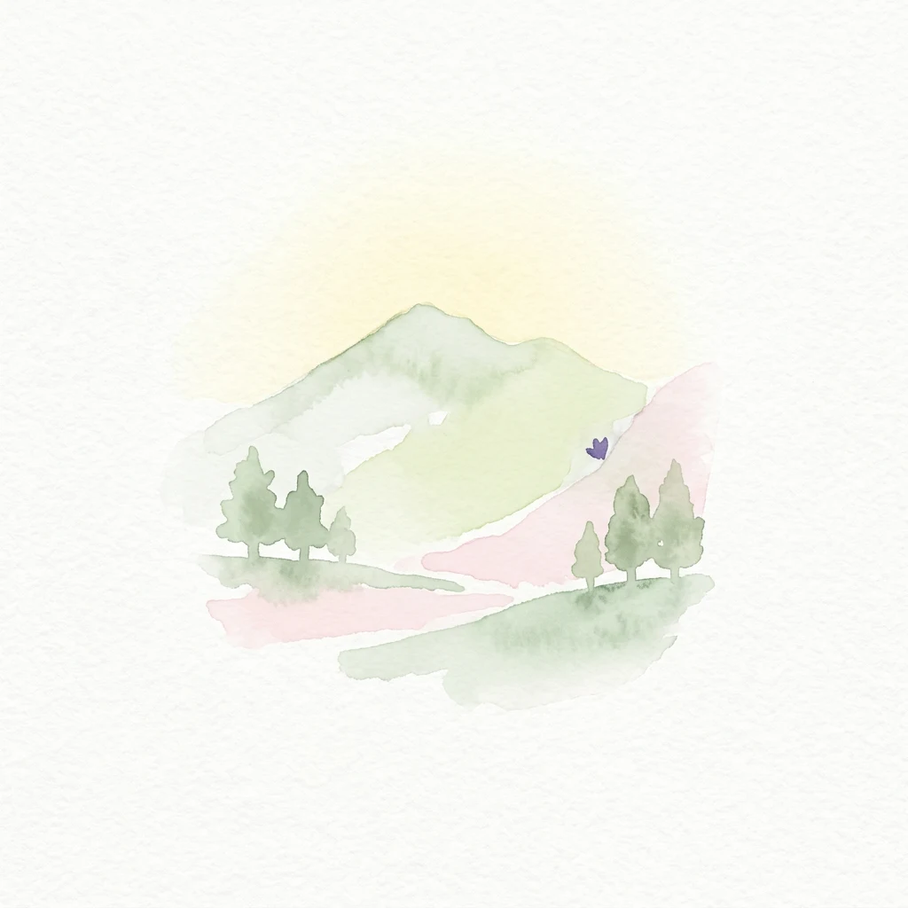 Ilustración en acuarela de un paisaje montañoso con árboles verdes, colinas rosas y amarillas, y un pequeño pájaro morado