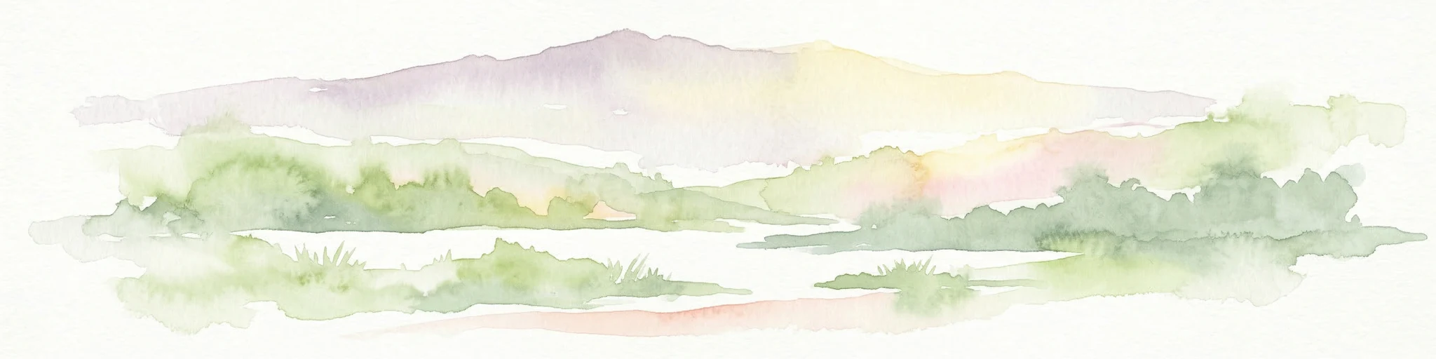 Pintura de acuarela que muestra montañas, bosques y una masa de agua en un paisaje escénico