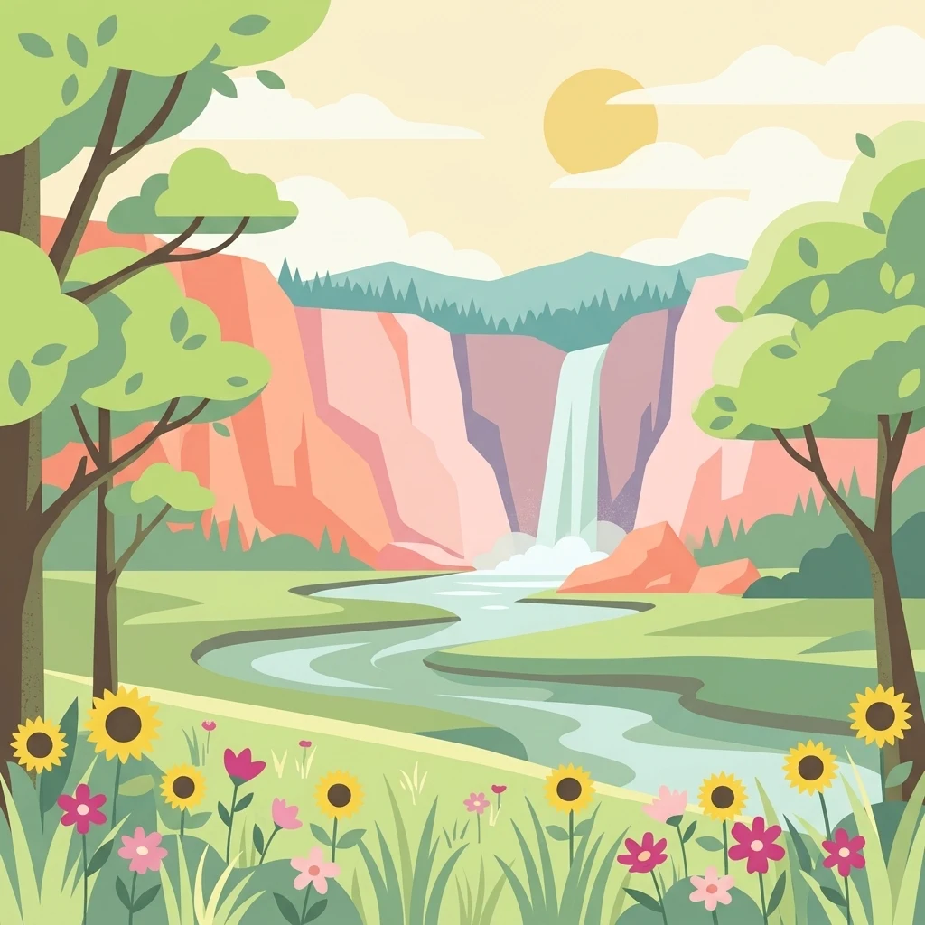 An illustration showing a winding river leading to a waterfall surrounded by cliffs, trees, and a foreground of wildflowers under a pale sky with a sun.