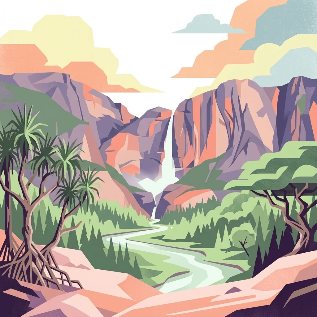 An illustration in a flat, vector-art style showing a canyon with steep, terraced cliffs, a waterfall dropping from a gap between mountains, and a river flowing through a forested valley floor.