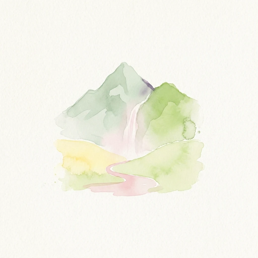 Watercolor illustration of a mountain with a waterfall and green hills