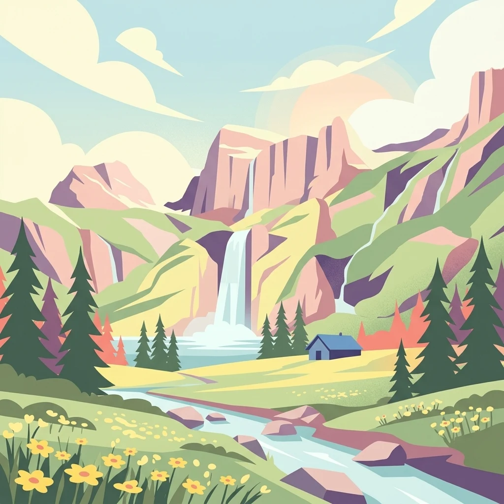Illustration of mountains, waterfall, river, small house, evergreen trees, and wildflowers.
