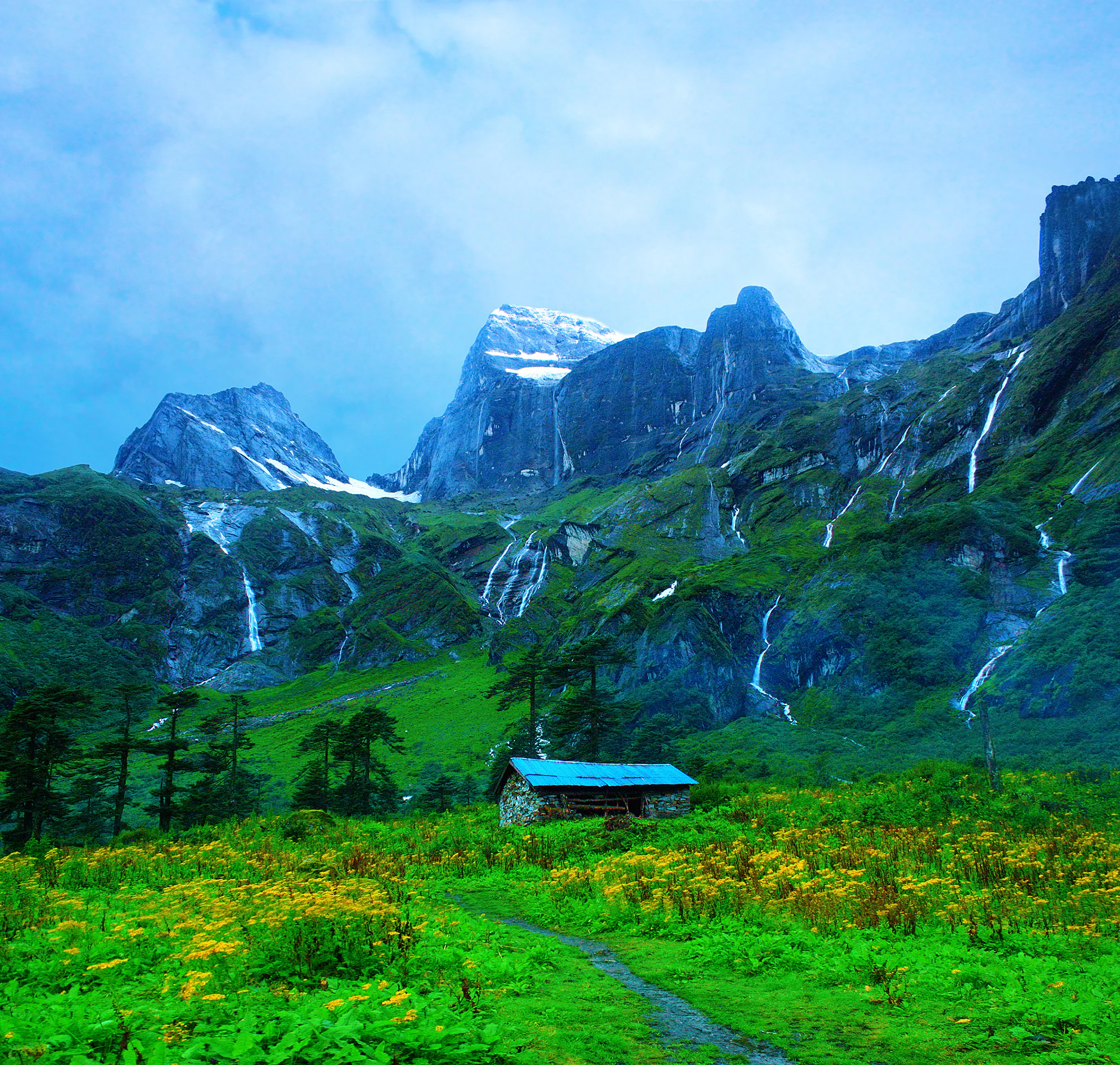 Barun Valley landscape featuring snow-capped mountains, multiple waterfalls, a small wooden hut with a blue roof, and a trail through a lush green meadow with yellow wildflowers
