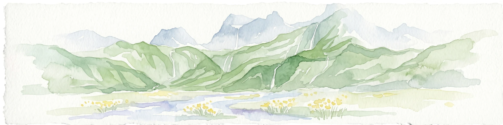 Ilustración acuarela de paisaje montañoso con laderas verdes y picos azules, mostrando un valle con flores amarillas en primer plano