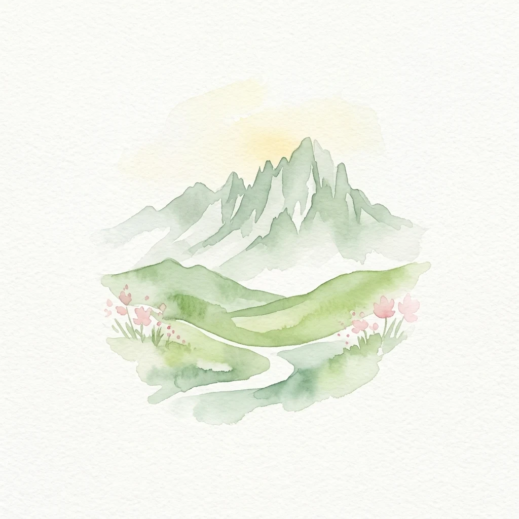 Watercolor illustration of green mountains with a winding path, pink flowers, and a sunlit sky