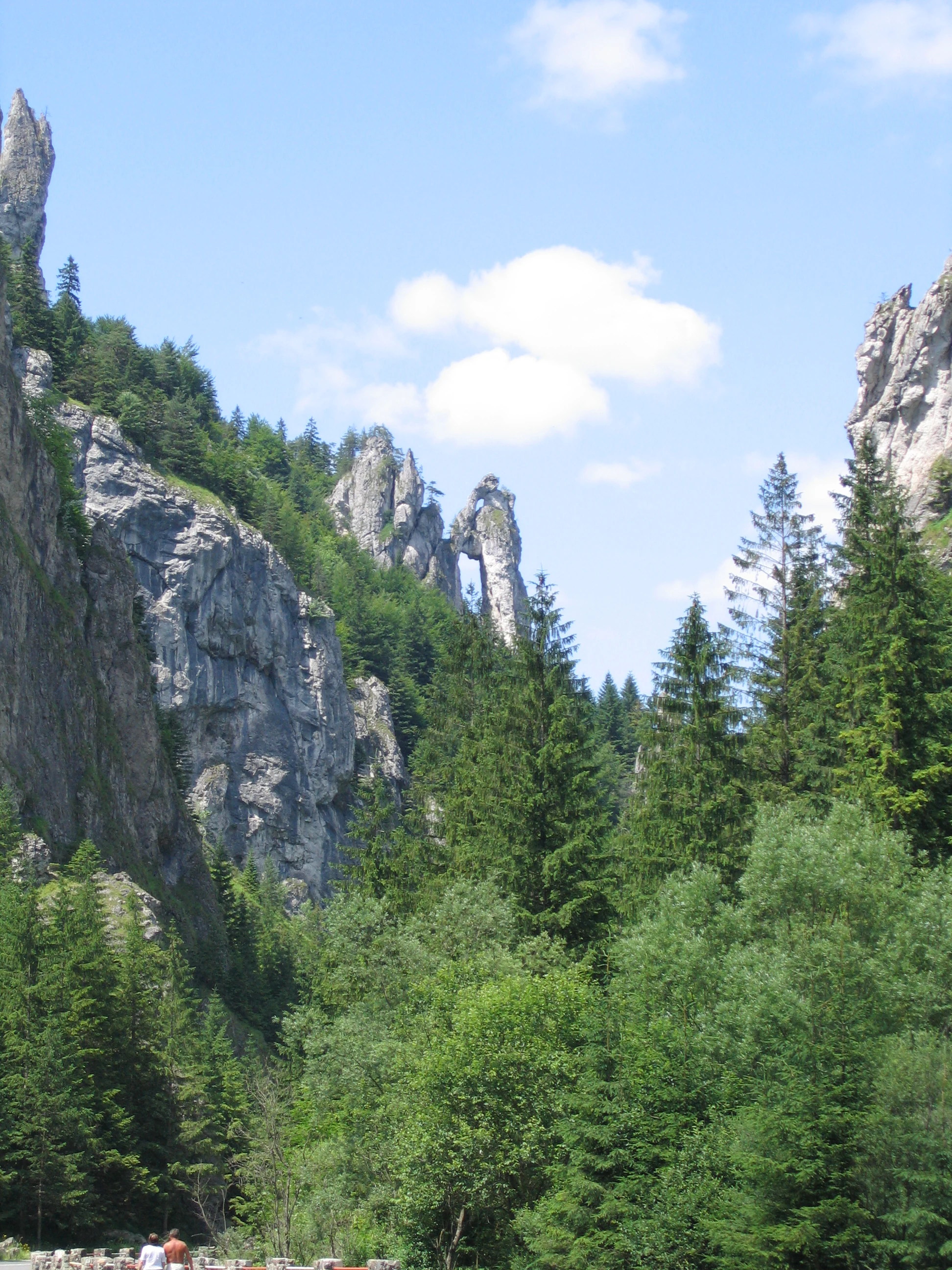 Rock formations with a natural arch, surrounded by dense forest and mountains under a blue sky