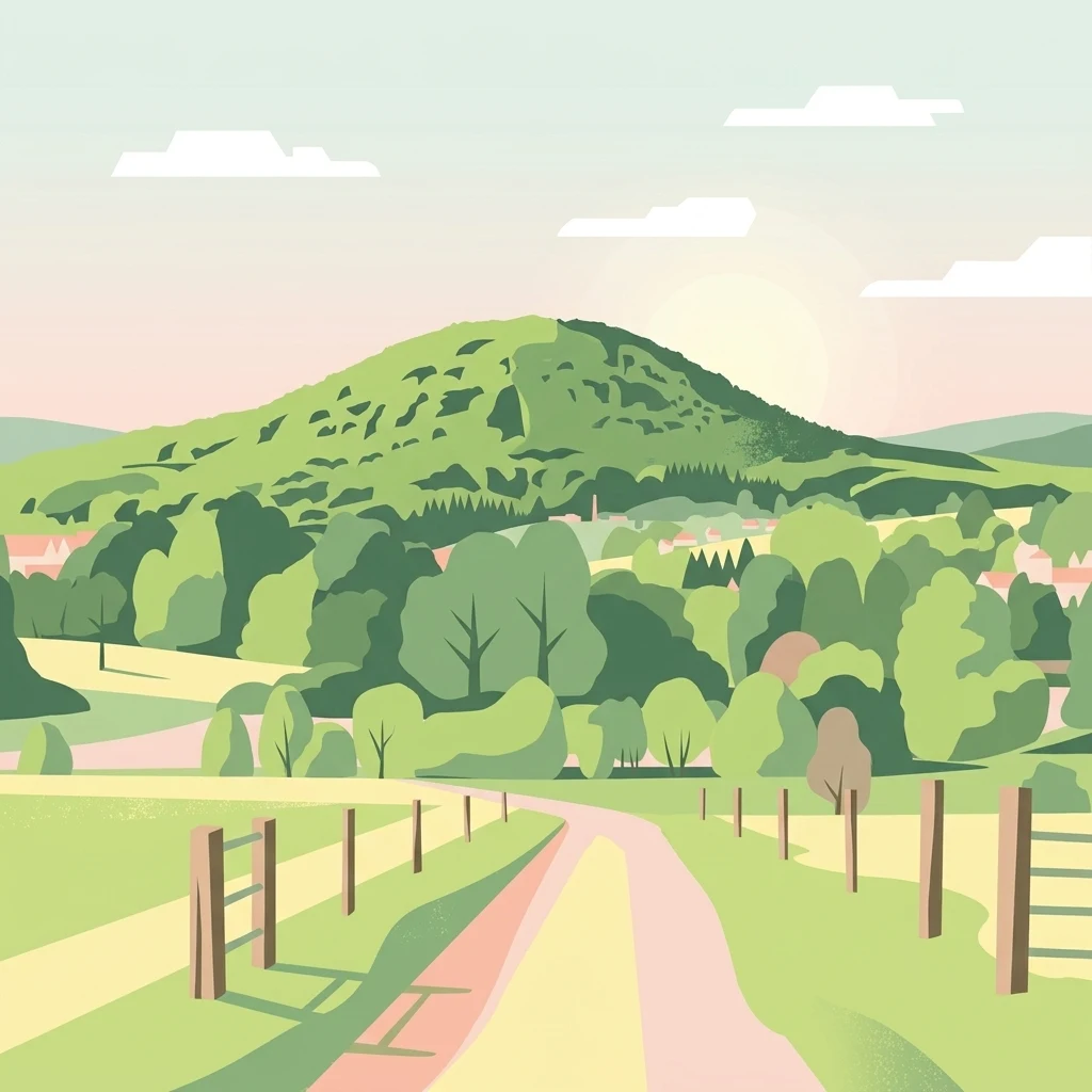 A flat-style digital illustration showing a dirt path leading toward a rounded, green, tree-covered hill under a soft sunset sky.