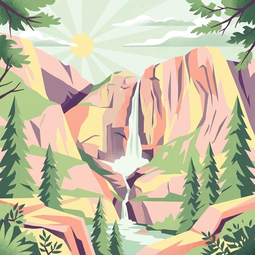 A graphic illustration showing a cascading waterfall flowing down between jagged rock formations, surrounded by coniferous trees under a bright sun.