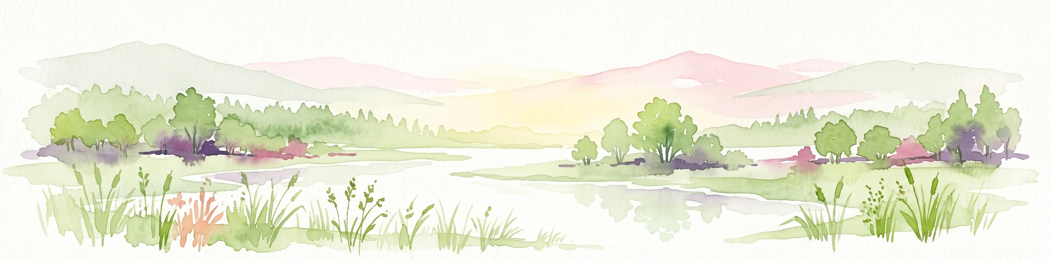 Watercolor painting of a peaceful wetland landscape with lush green trees, reeds, and soft hills in the background under a light sky.