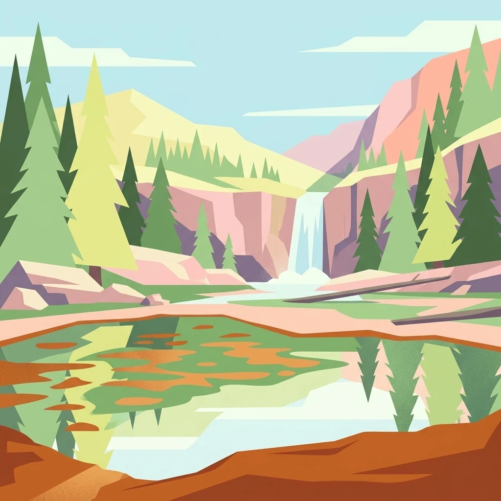 A flat-style digital illustration showing a forest with a waterfall cascading into a pool, framed by coniferous trees and mountains.