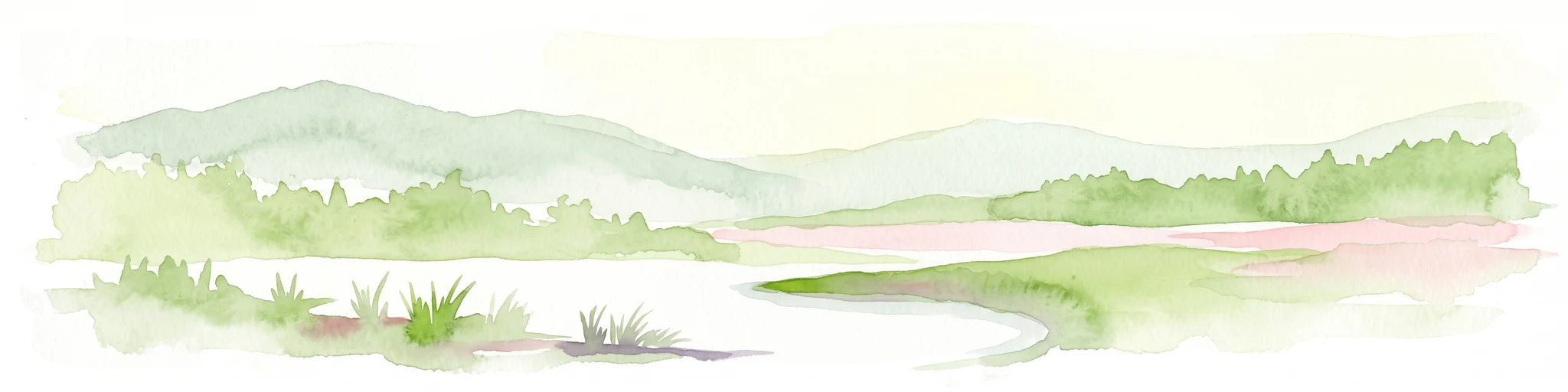 A pale, soft watercolor illustration of a green meadow, a winding stream, and gentle, hazy rolling hills in the background.