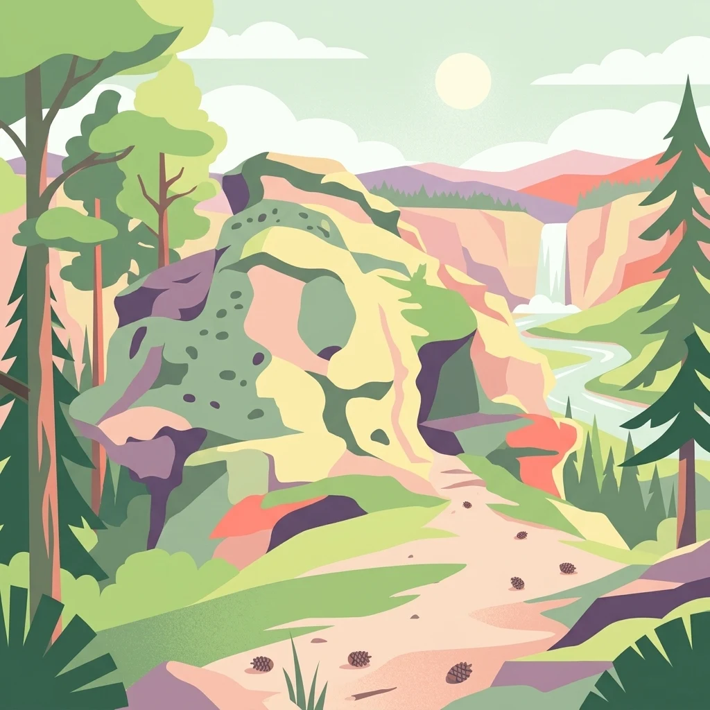 A stylized flat-design illustration showing a central rocky outcrop, surrounding pine trees, a winding path, and a distant waterfall.