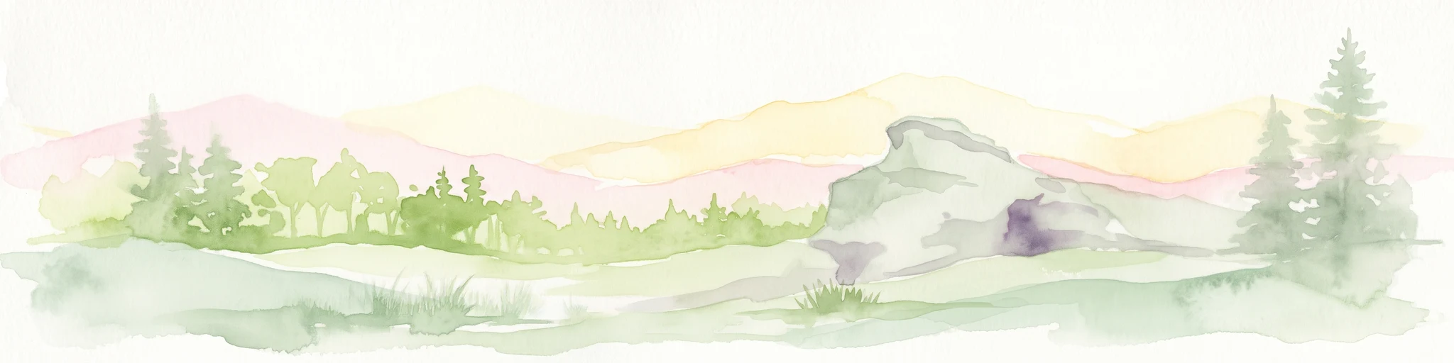 A soft, light watercolor illustration of a rocky outcrop surrounded by evergreen trees against a hazy, distant mountainous background.