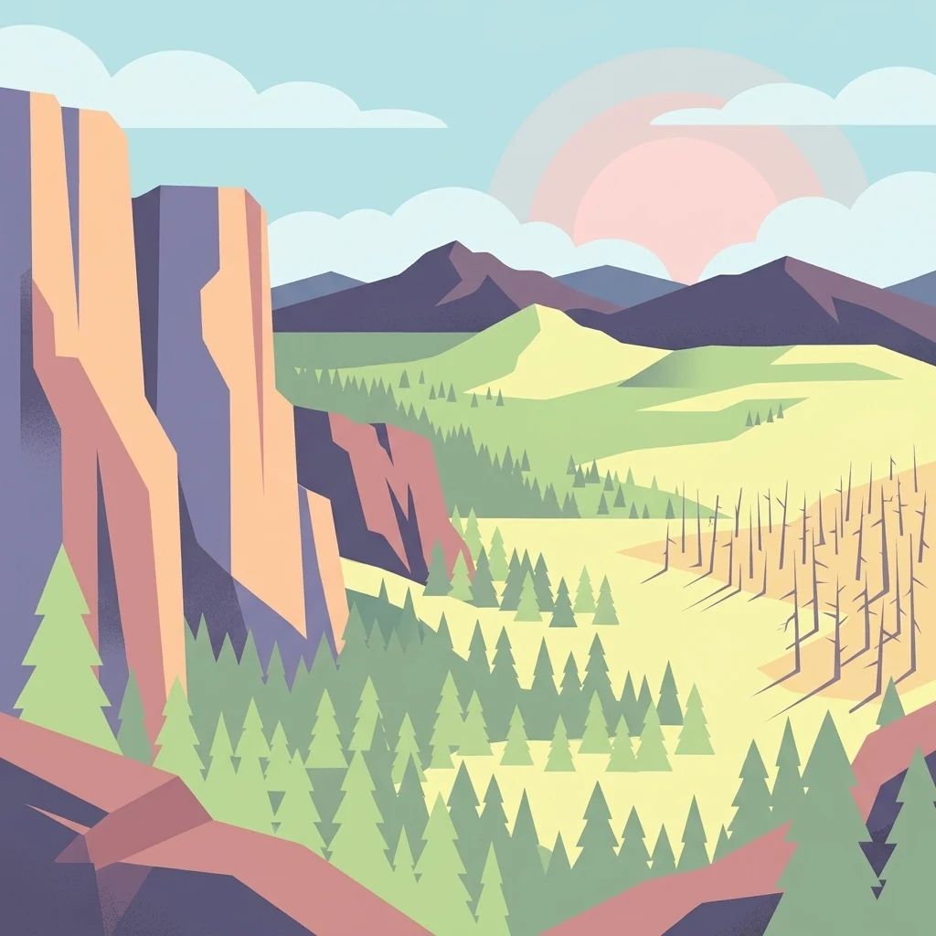 Una ilustración digital de un paisaje montañoso al atardecer, que muestra acantilados escarpados a la izquierda, un bosque de pinos en el valle y una sección de árboles desnudos a la derecha.