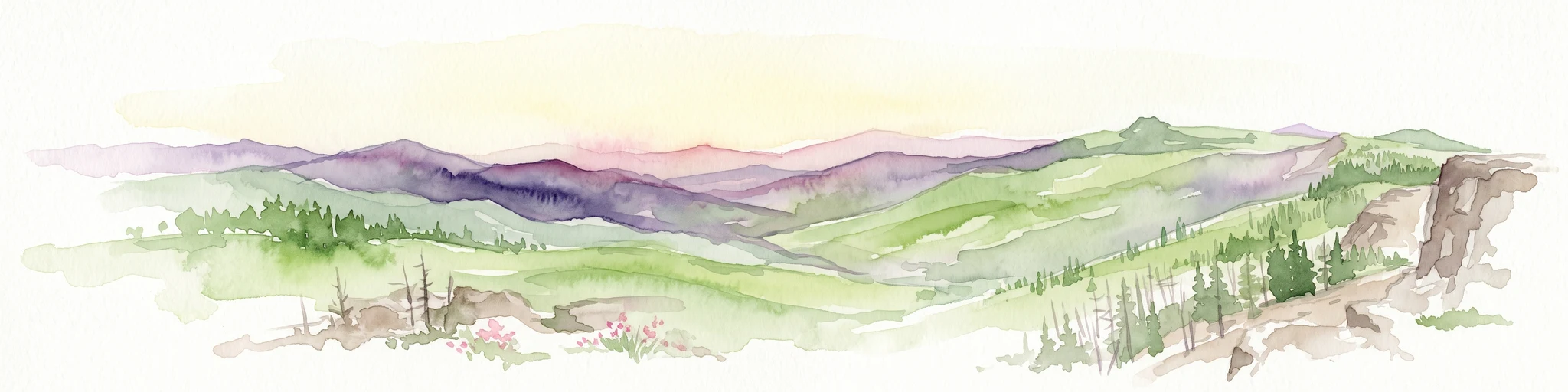 A horizontal watercolor painting showing a panoramic view of layered green and purple mountains under a pale sky, with coniferous trees in the foreground.