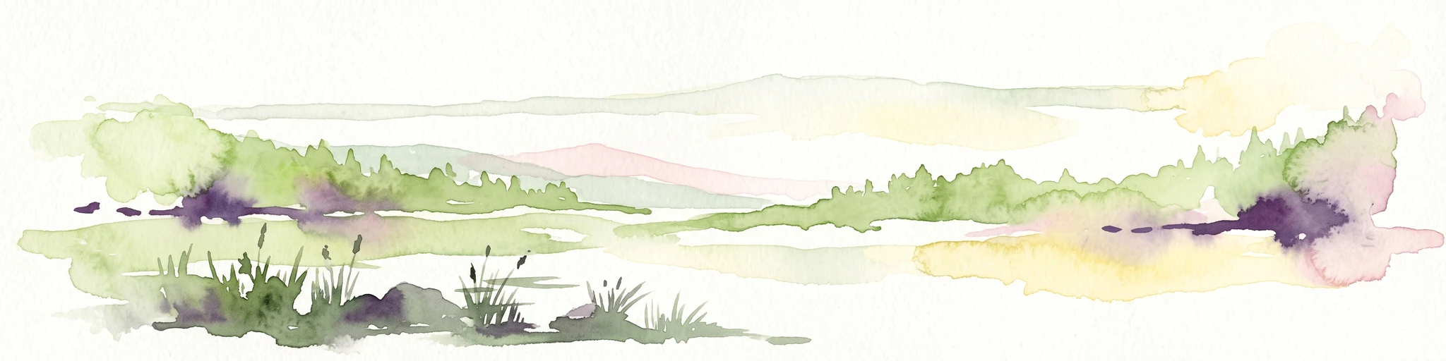 An abstract watercolor painting showing a horizontal landscape with grassy foreground and distant rolling hills in soft green, yellow, and purple tones.