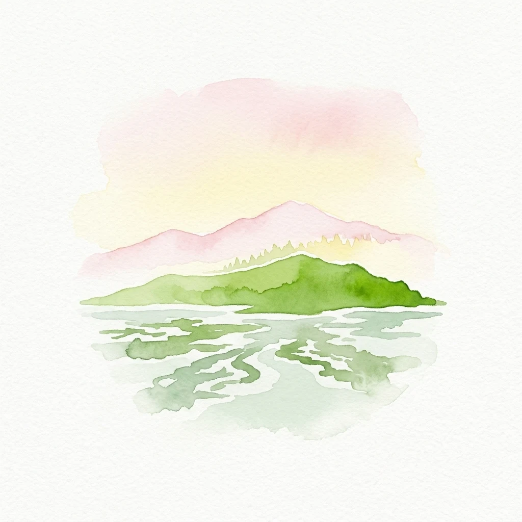 Pintura de acuarela de un paisaje costero con masa terrestre verde en el agua y montañas rosadas al fondo