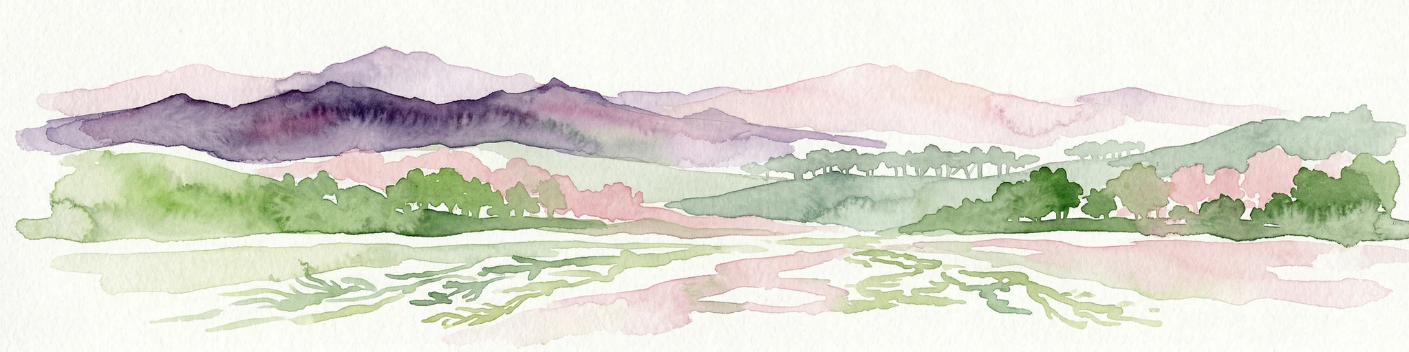 Watercolor painting showing a landscape with mountains in the background, green hills in the midground, and water or wetland in the foreground