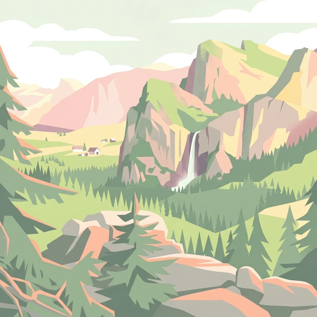 Una ilustración en un estilo de diseño plano que representa un valle de montaña, una formación rocosa prominente con una cascada, bosque de coníferas y pequeñas estructuras en la distancia.