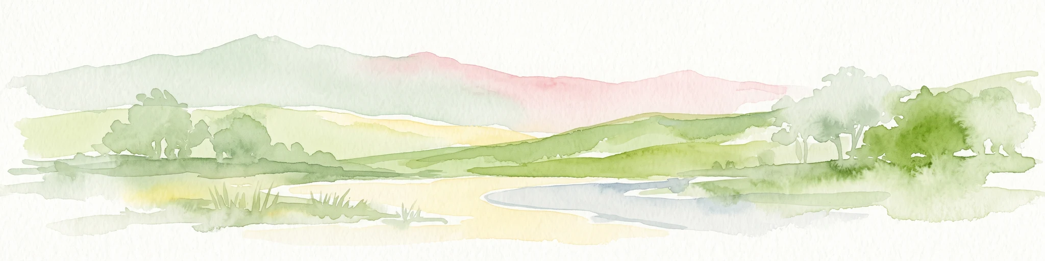 Una pintura en acuarela que muestra una vista suave y estilizada de colinas verdes onduladas, árboles y un río que fluye a través de un valle.