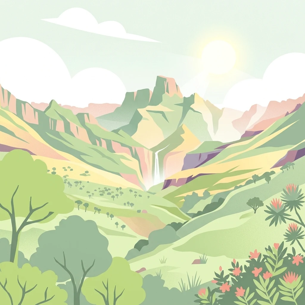 A digital illustration of a green mountain valley with a waterfall cascading down a cliff face under a bright sun.