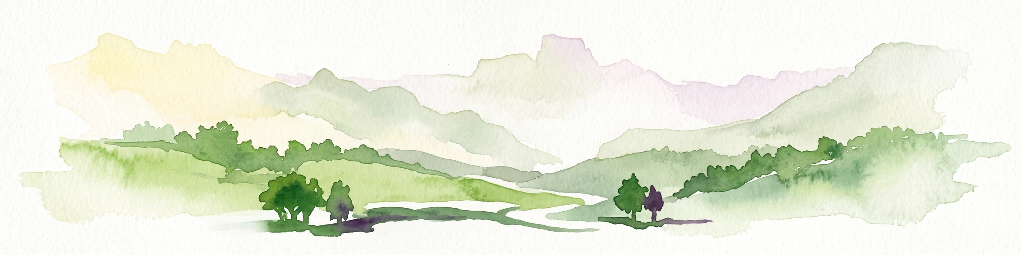 A watercolor illustration featuring soft, green rolling hills in the foreground with pale, layered mountain peaks in the background, set against a plain white field.