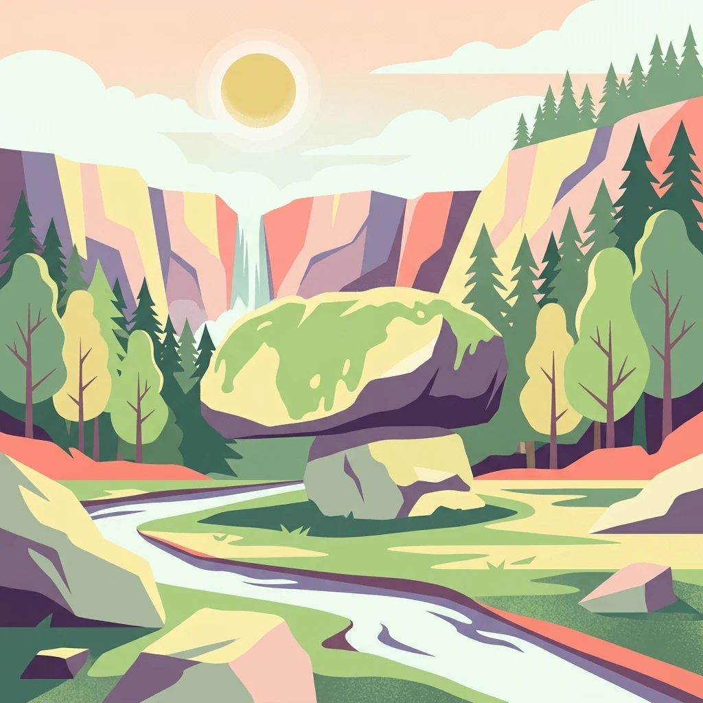 Una ilustración vectorial estilizada de una escena natural con una gran roca cubierta de musgo en primer plano, un arroyo serpenteante, una cascada distante y un bosque de coníferas circundante bajo un suave sol poniente.