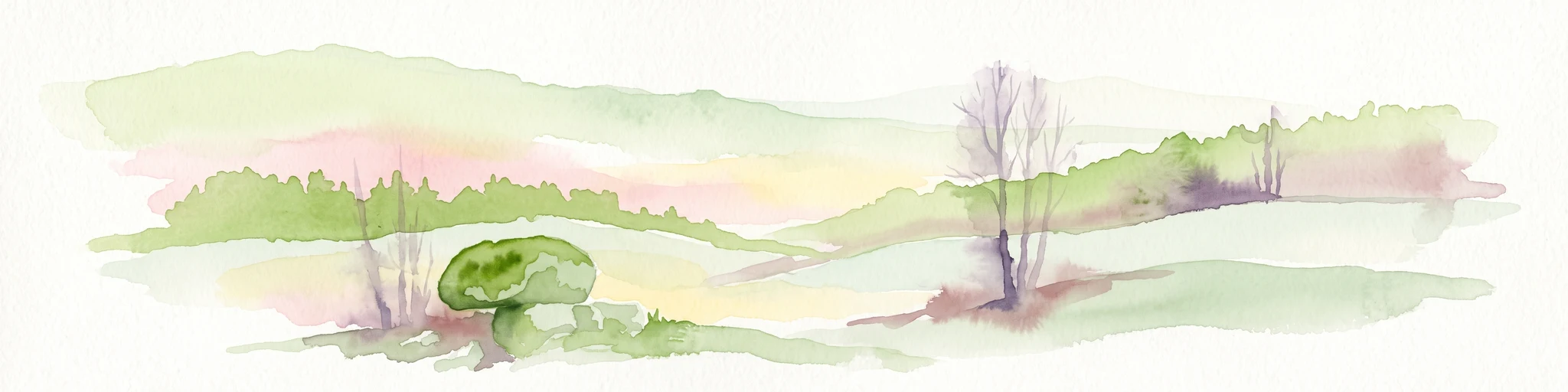 A pale, soft watercolor painting of a rolling, grassy meadow landscape with a prominent green mushroom in the foreground and sparse, leafless trees.