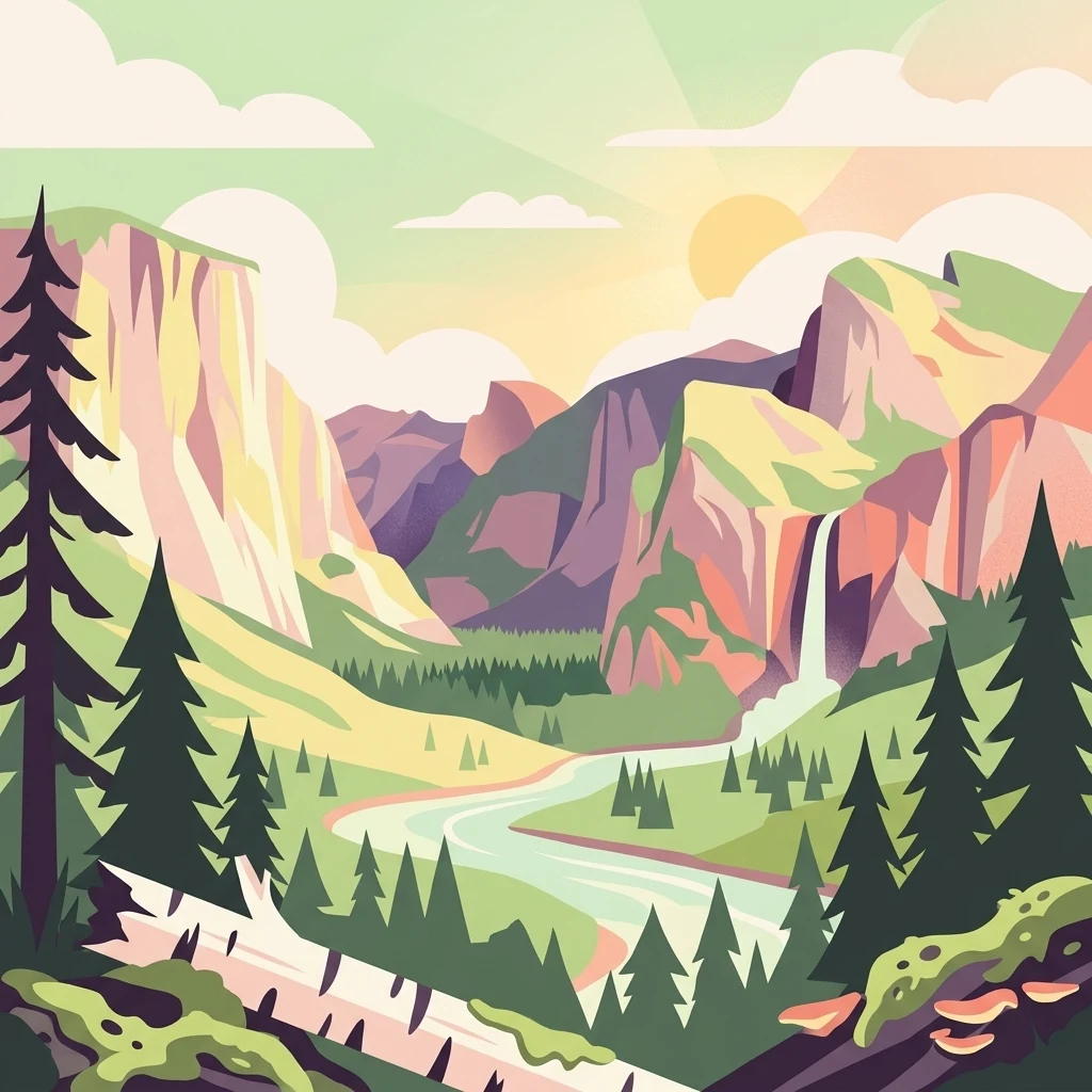 A stylized vector illustration of a mountainous landscape with a river flowing through a forested valley, a waterfall on the right, and a log in the foreground.