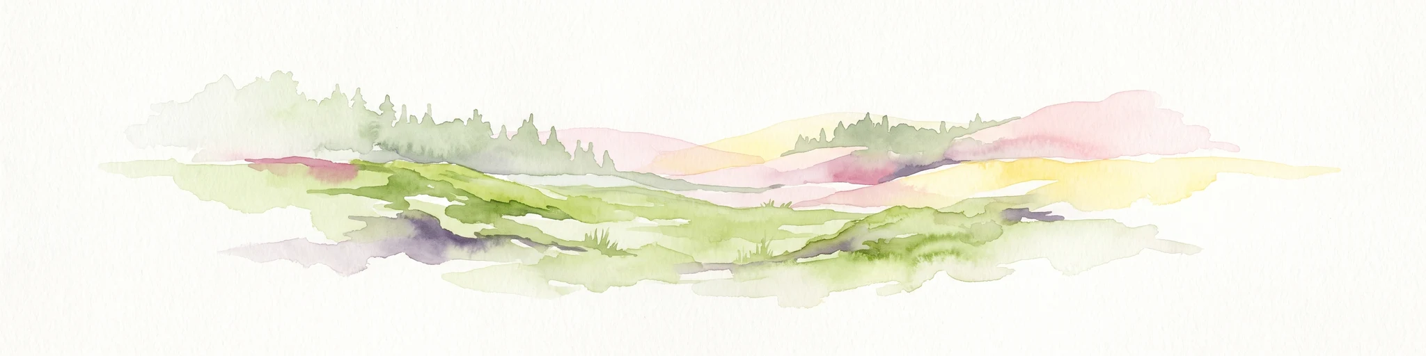A soft watercolor painting of a rolling, hilly landscape with hints of forest, rendered in muted green, pink, and yellow tones on a white background.