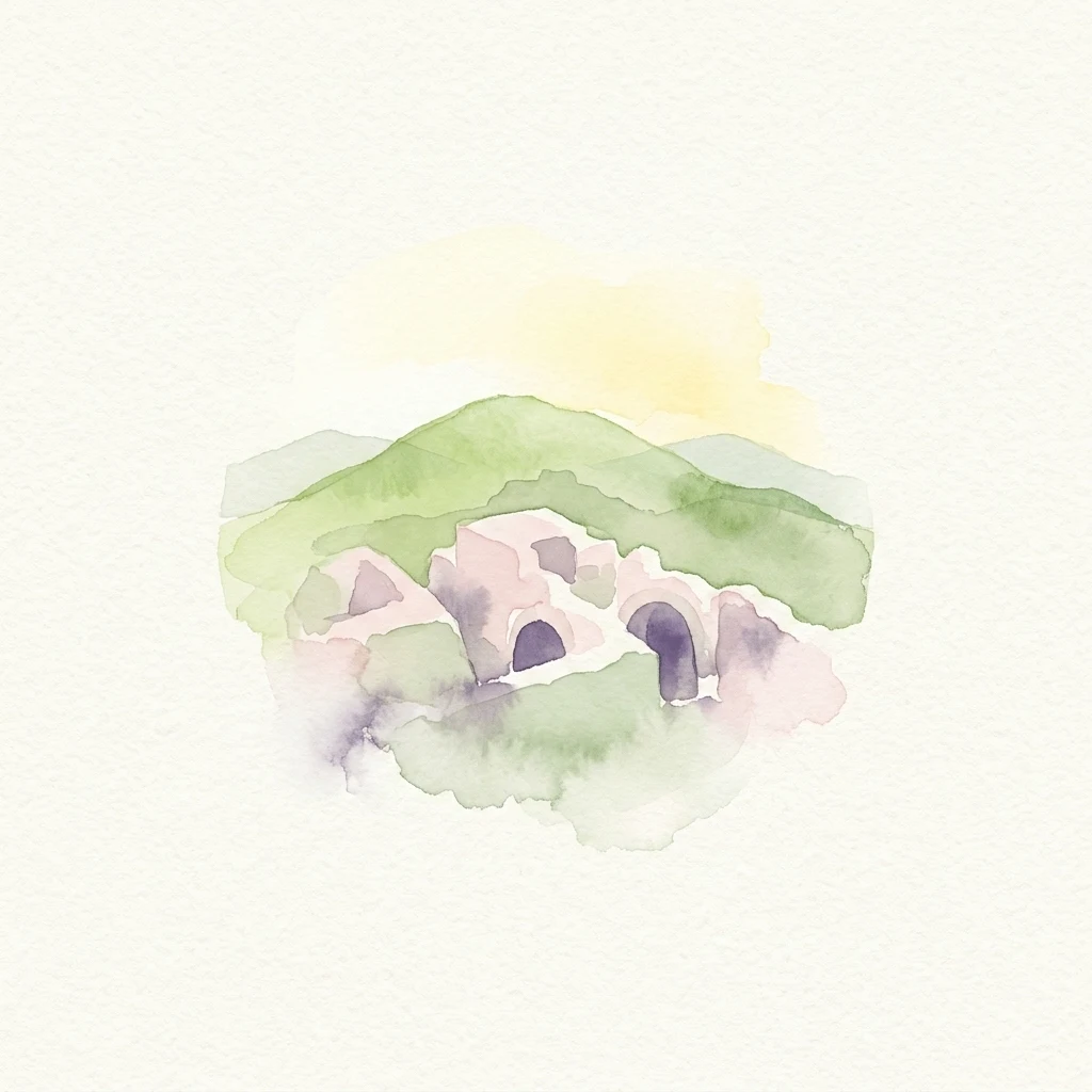 Watercolor illustration of ancient stone structures with arched entrances on a green hillside under a yellow sky