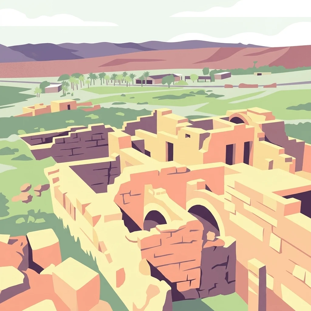 Illustration of ancient stone ruins in a desert landscape with distant hills and green fields