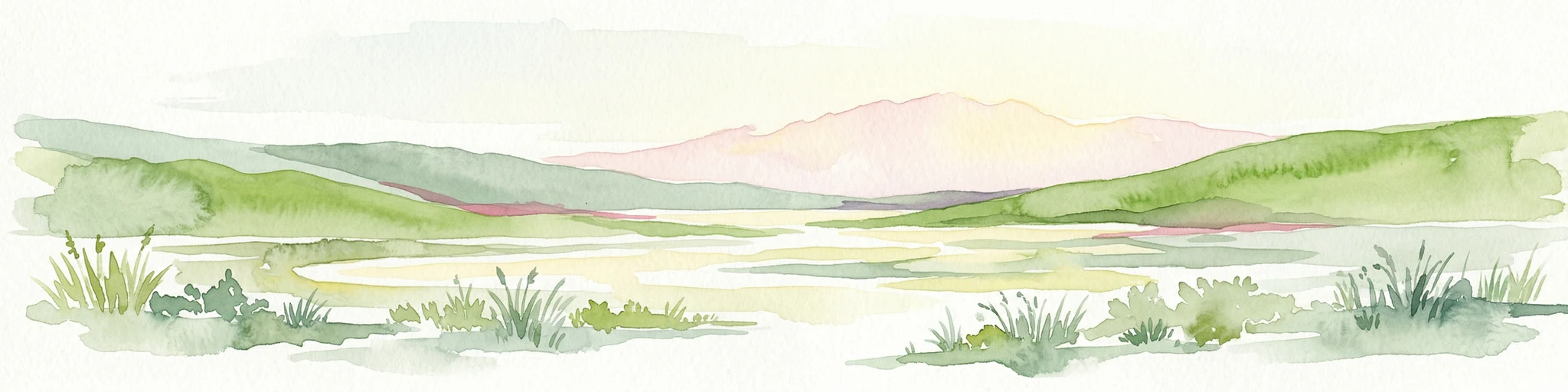 Watercolor illustration of rolling green hills, a body of water, and grassy vegetation under a light sky.