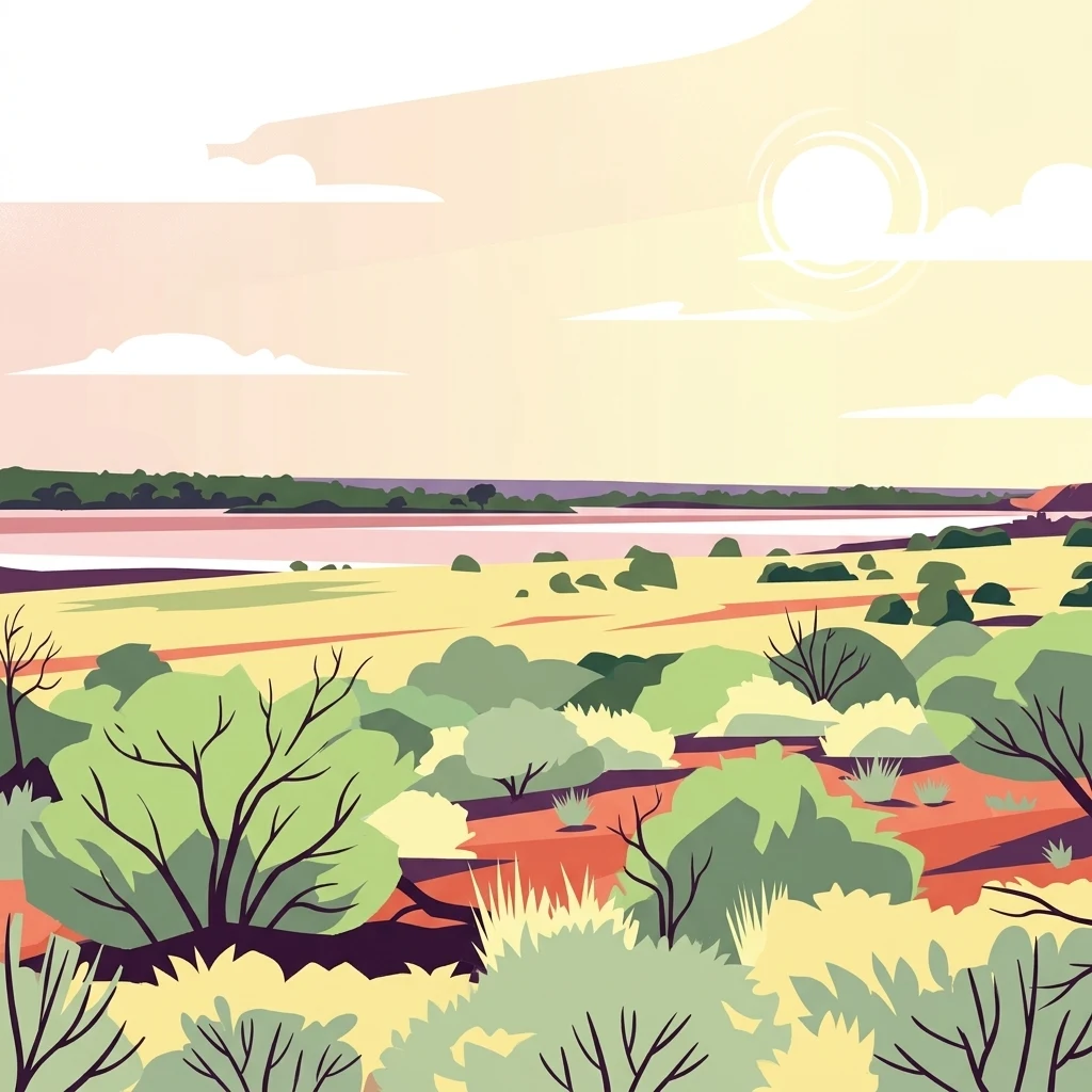 A flat-style digital illustration depicting an arid desert landscape with sparse shrubs, bushes, and a pale horizon under a soft sky.