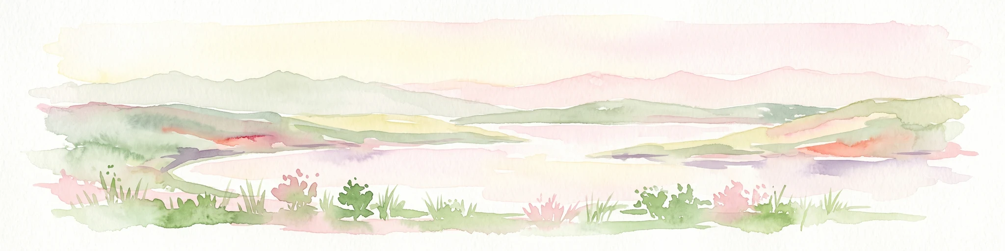 Watercolor painting of a serene landscape showing rolling green hills and a lake or pond under a soft light.